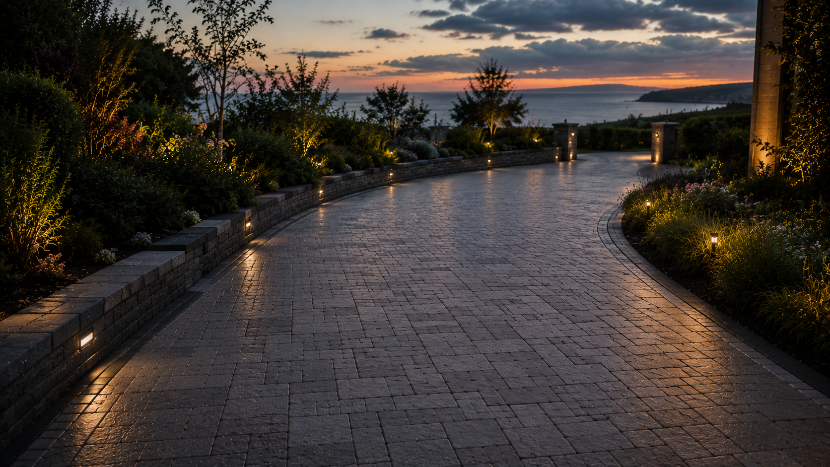 Illuminated patio with block paving at sunset